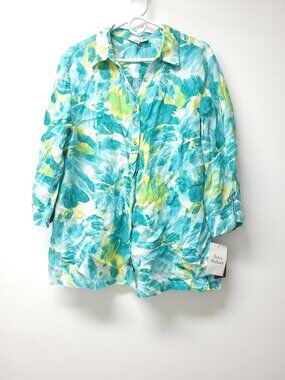 NWT JM Collection Womens Linen 3/4 Sleeve Button Down Shirt Size 18 Multicolor